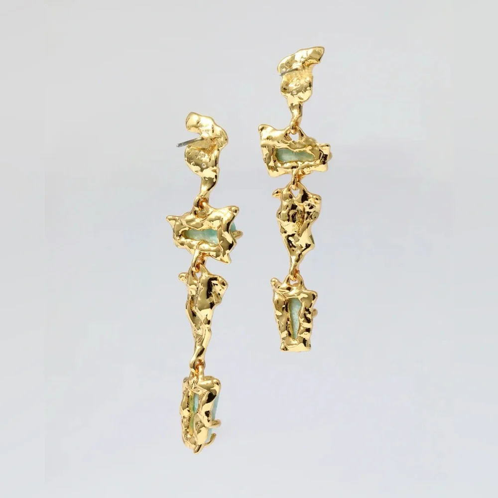 ALEXIS BITTAR • Brut Crumpled Gold Tumbled Green Blue Gemstone Drop Earrings